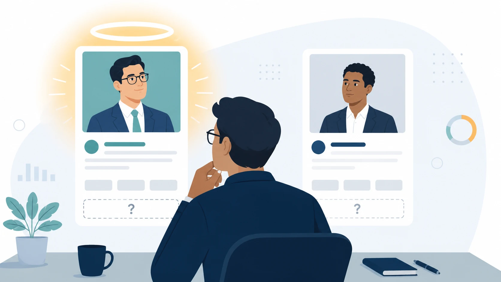 An adult compares two professional profile cards while a subtle halo suggests a first impression