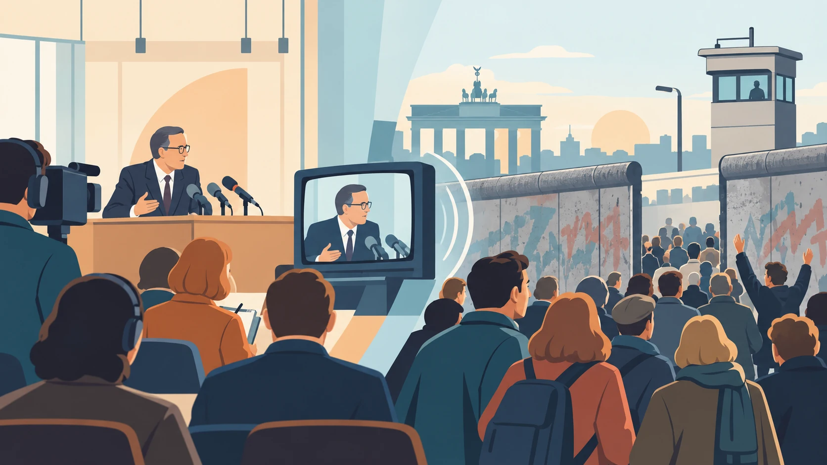 A press announcement travels through television reporting towards a crowd at a divided-city crossing