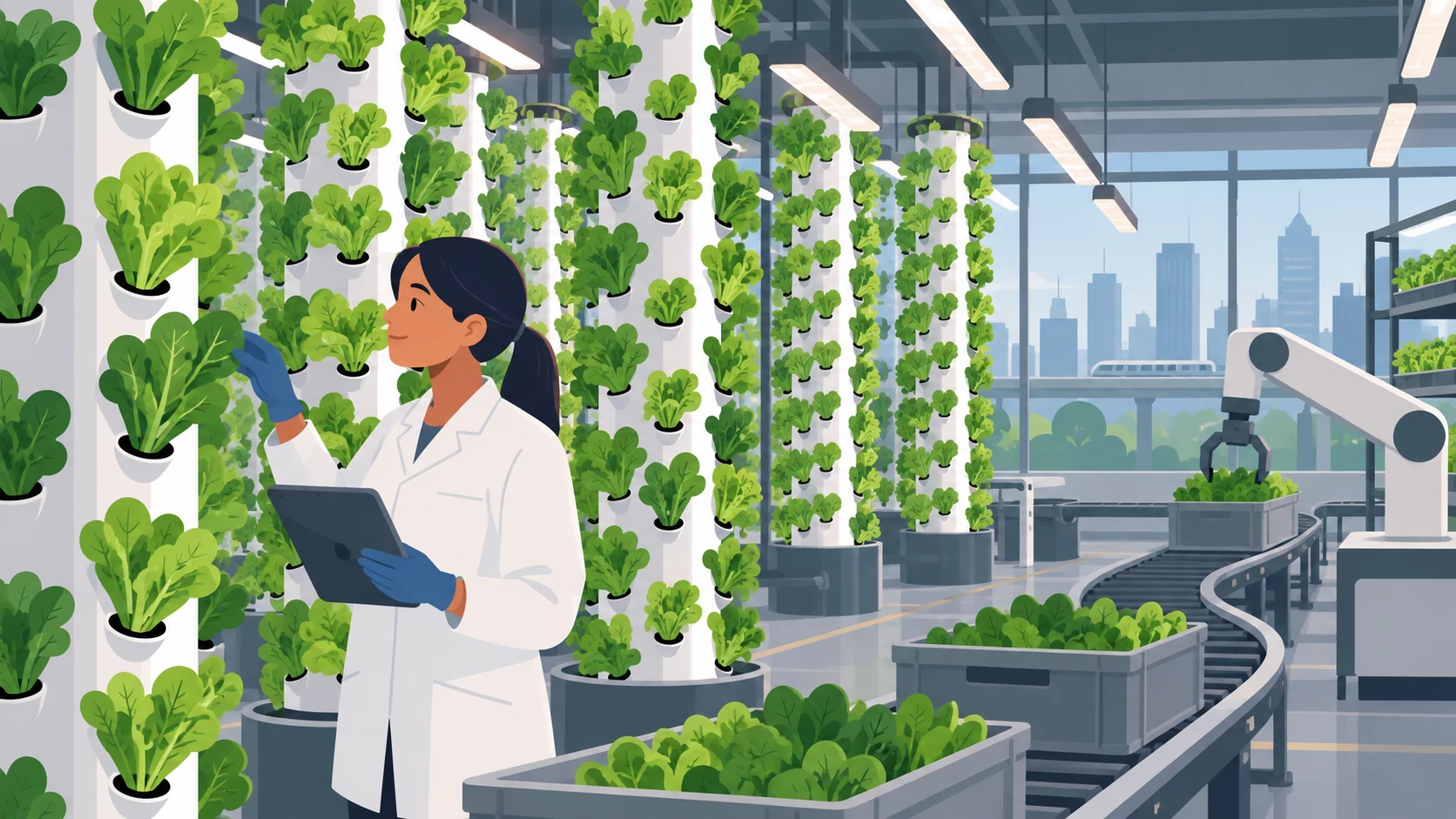 An adult worker inside a tall indoor farm with leafy growing towers and automated transport