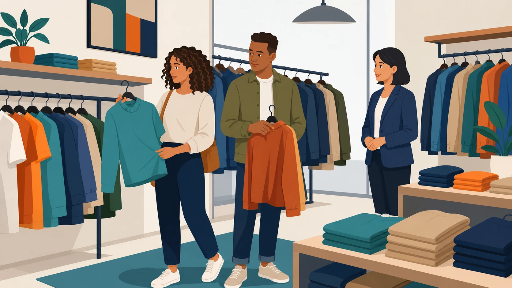 Two adult customers and an adult shop assistant in a modern clothes shop