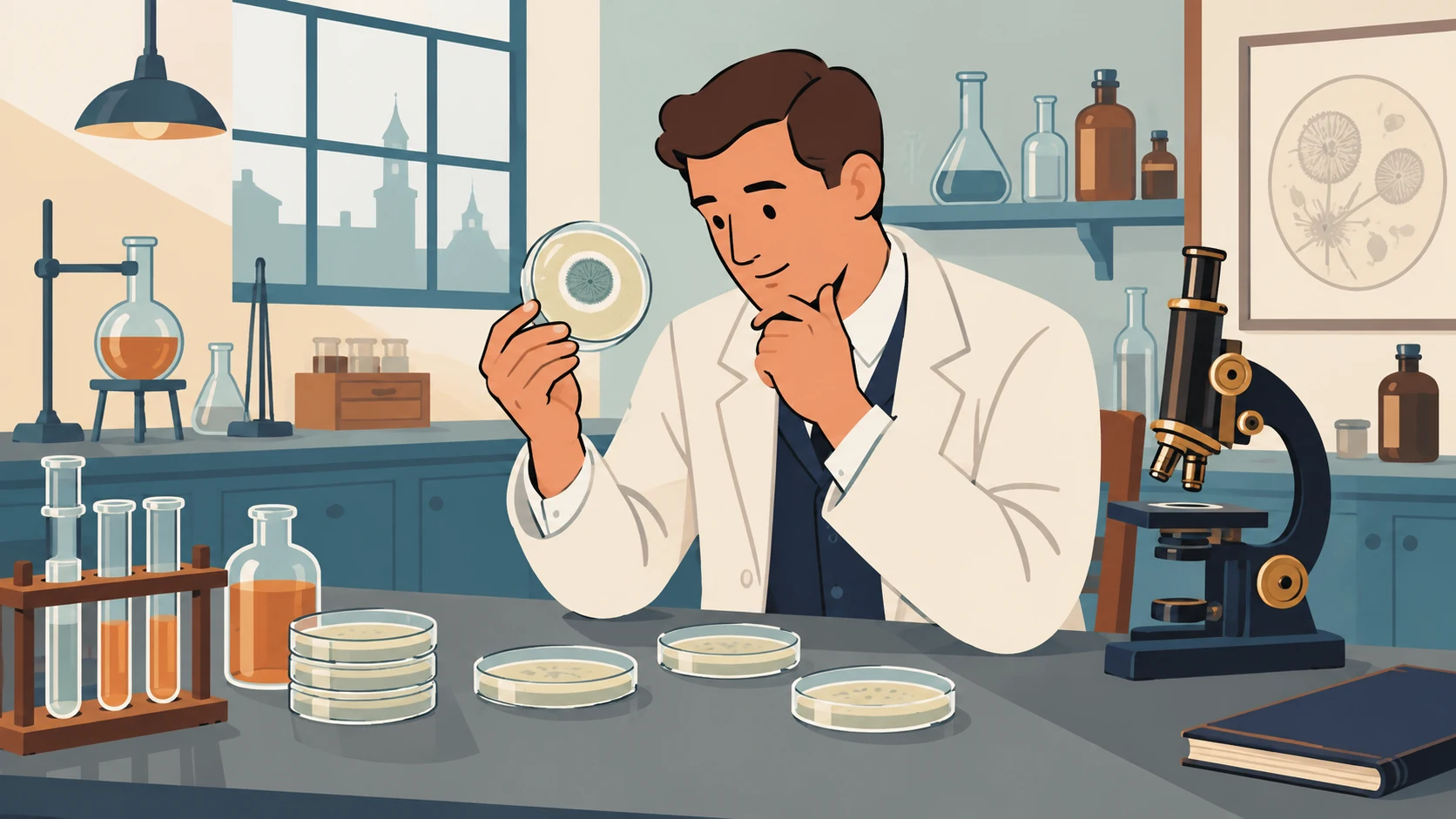 An adult scientist in a 1920s laboratory notices an unusual clear area around a mould colony in a Petri dish