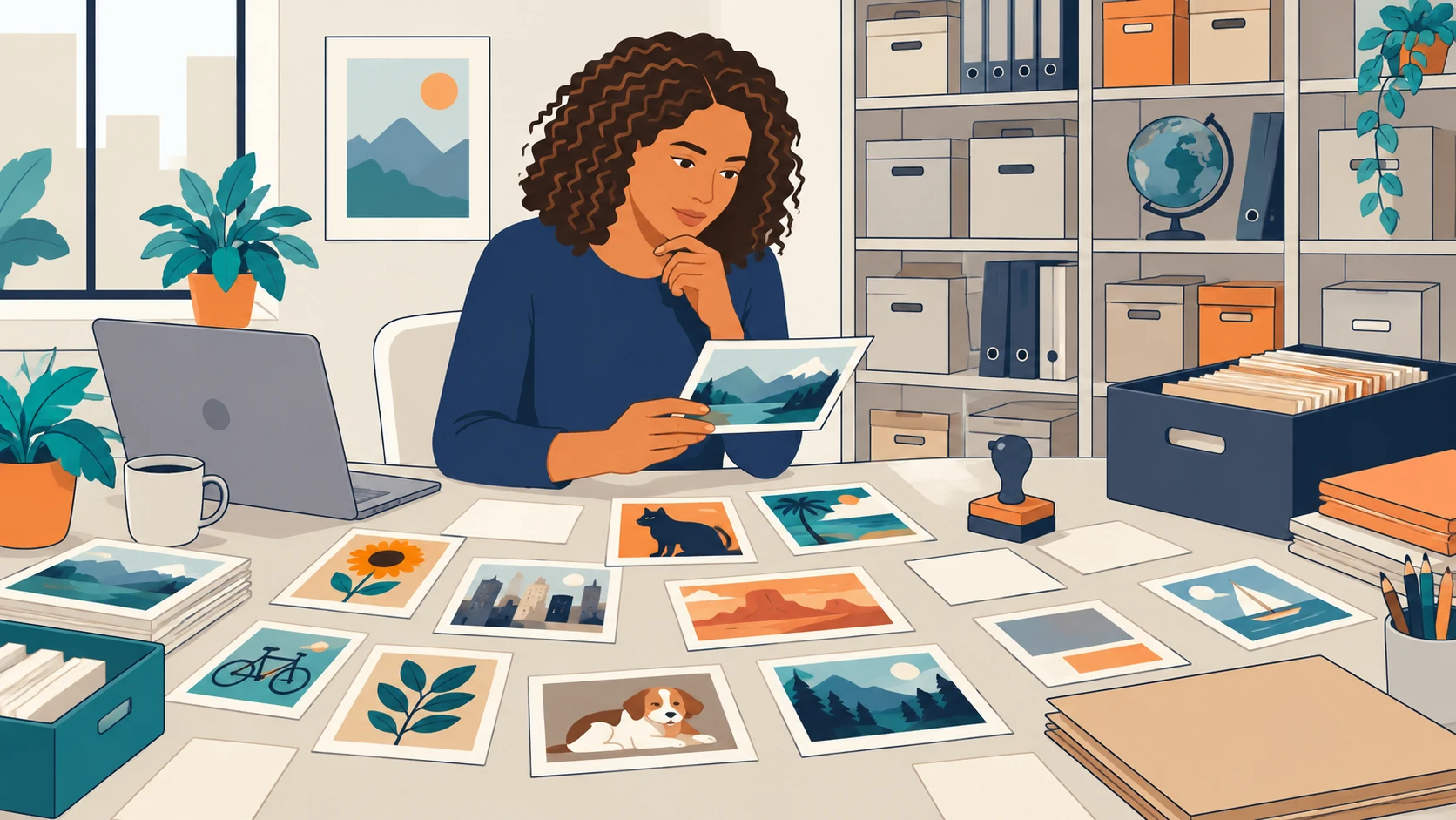 An adult picture researcher classifies photographs at a large archive table