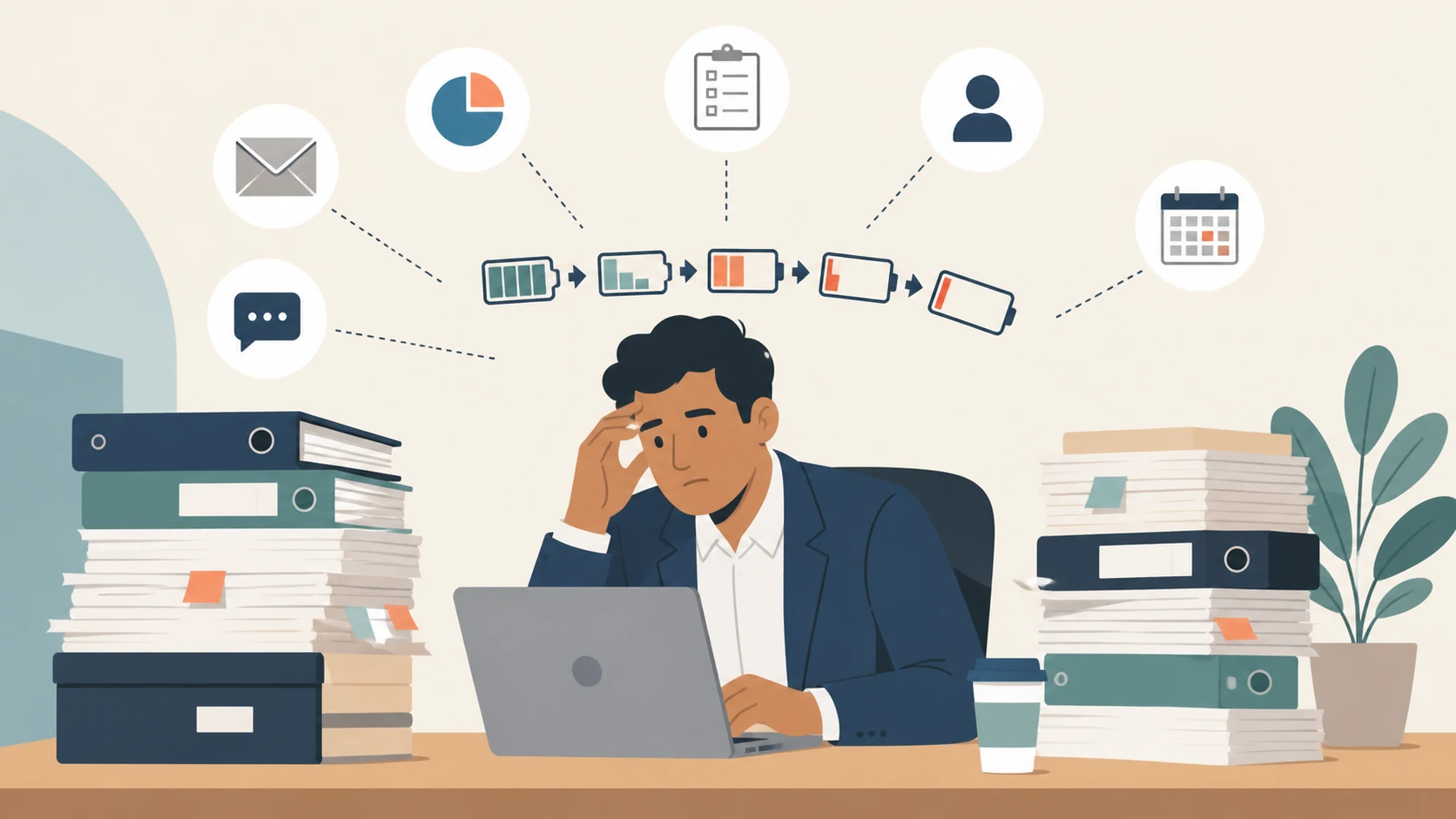 A professional adult at a desk with accumulating demands and a diminishing energy metaphor