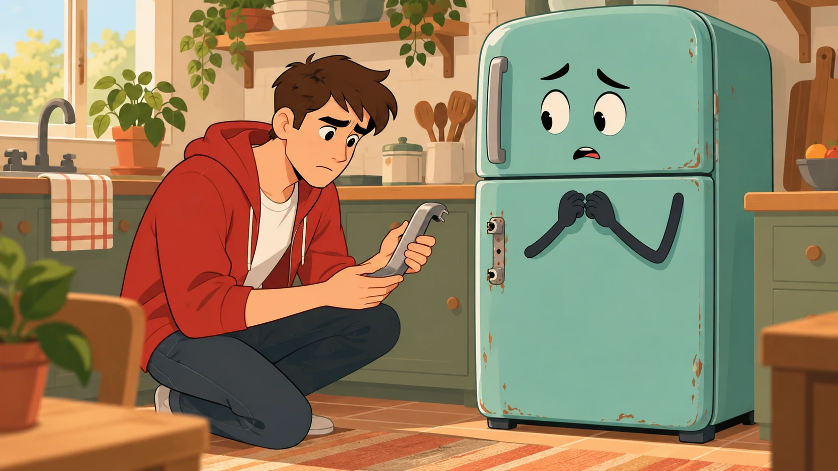 Stanley, a young man in a red hoodie, checks a damaged handle while Chillie looks worried in the kitchen.