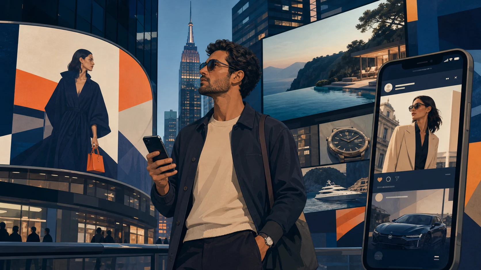 An adult consumer moves through a contemporary city surrounded by different forms of advertising