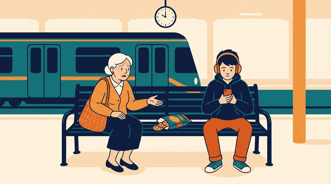 An elderly woman and a young passenger beside cookies at a train station