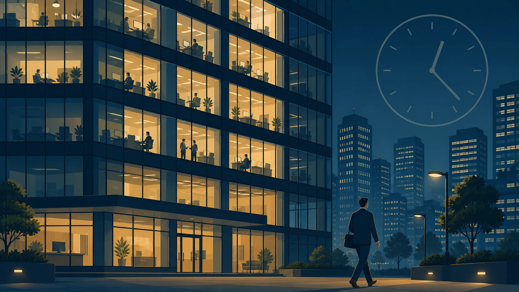 A modern city office tower at night with many windows lit while one adult worker leaves with a work bag