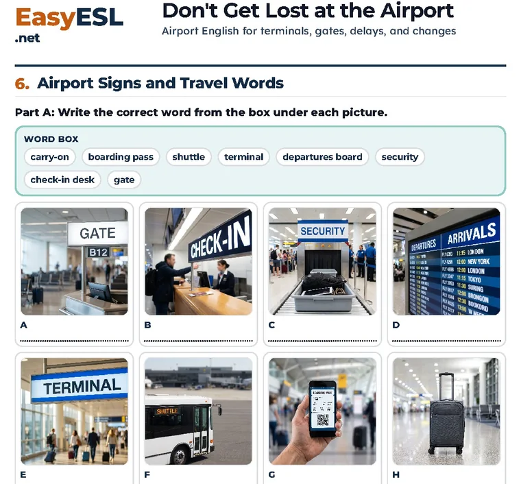 Airport vocabulary Student Worksheet with an image exercise and word box.