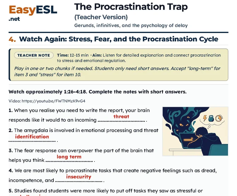 Procrastination Teacher Version with a yellow Teacher Note and red answers.