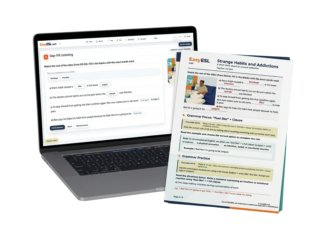 EasyESL e-lesson on a laptop beside a printable teacher version.
