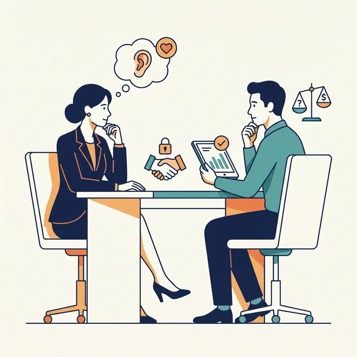 Two professionals negotiating calmly across a table