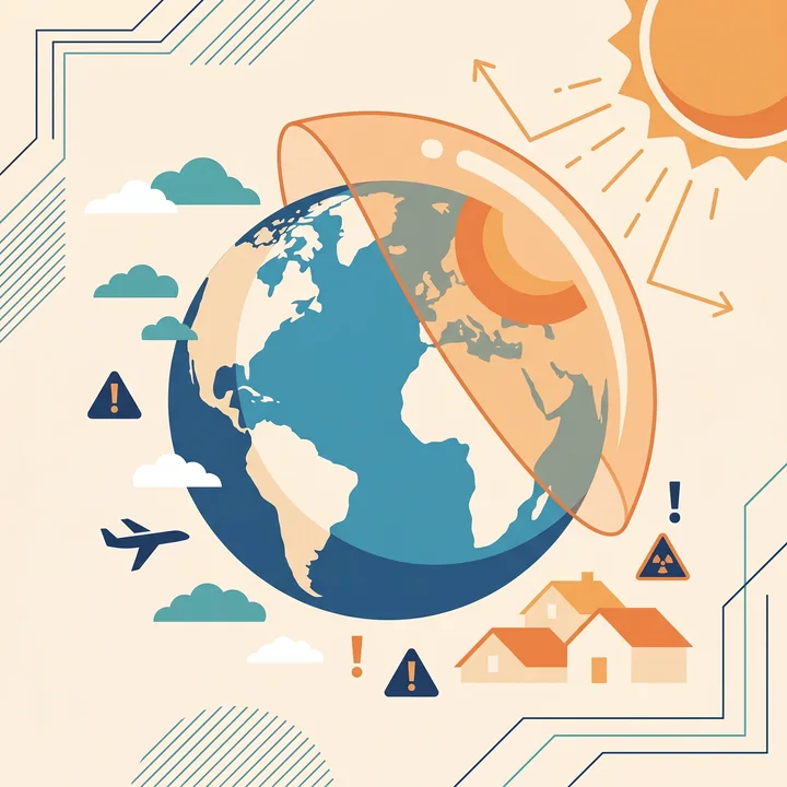 Earth protected by a partial reflective shield with climate intervention icons