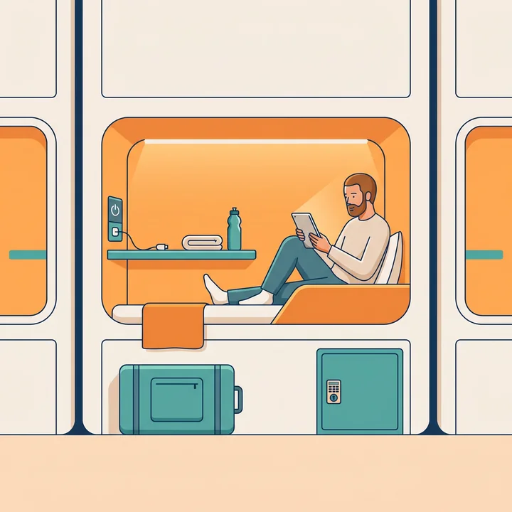 A modern capsule hotel pod with a traveller and compact accommodation cues