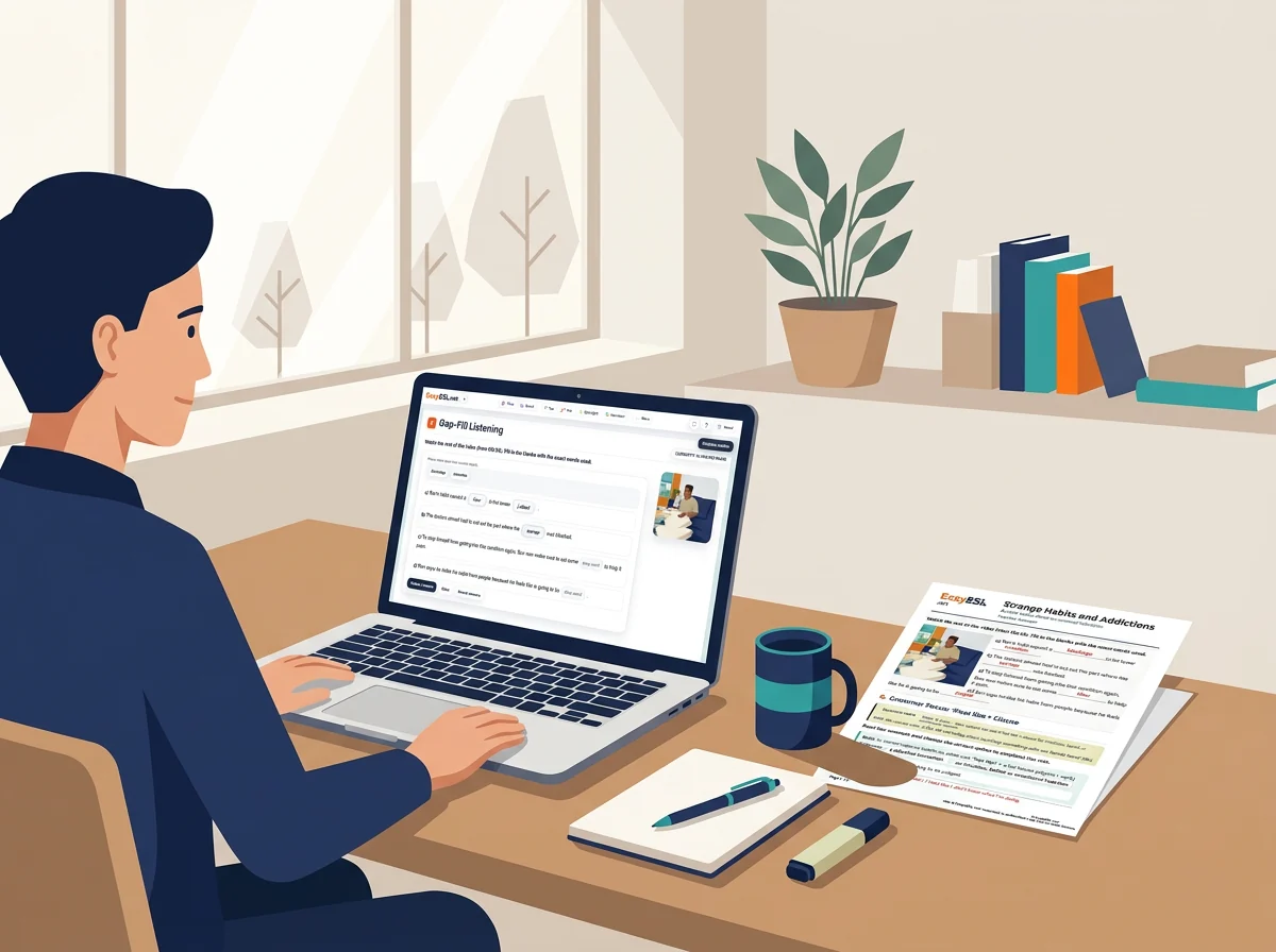 Teacher using EasyESL on screen with worksheet on desk