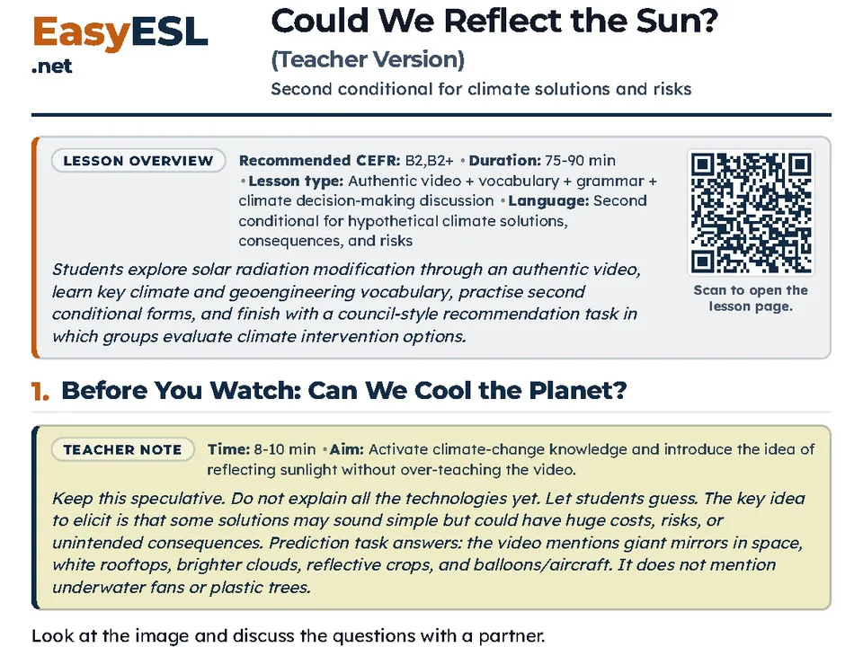 Could We Reflect the Sun Pro Teacher Version with lesson overview and teacher note.