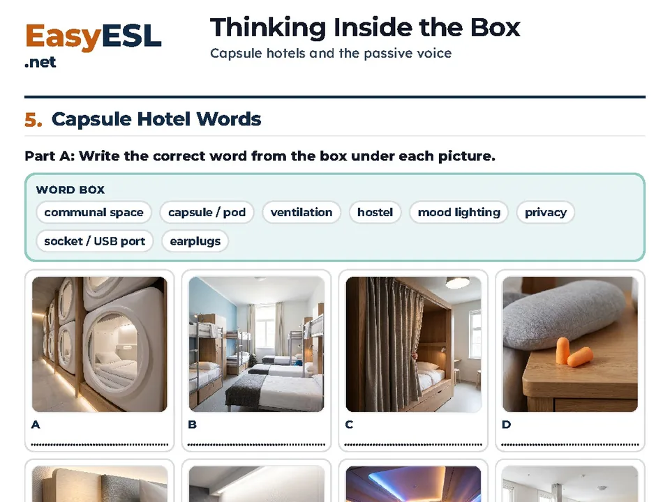 Thinking Inside the Box Standard student worksheet with capsule-hotel vocabulary photographs.