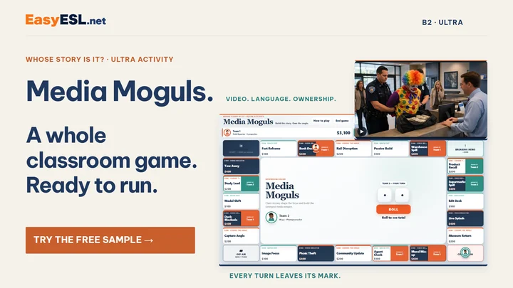 Media Moguls Ultra board game with news challenges and team spaces.